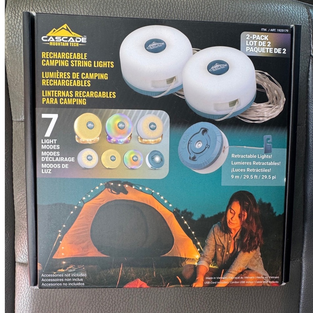 Cascade Mountain Tech Camping String Lights 2-Pack Rechargeable NEW